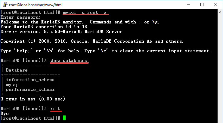 CentOS7安装LAMP环境之mysql/mariadb安装成功