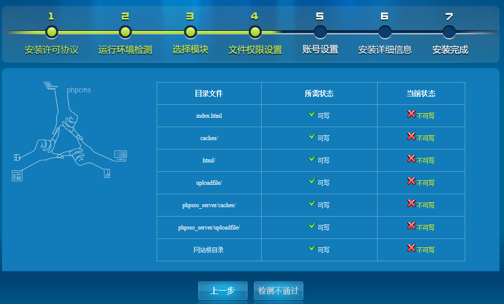 phpcmsV9正在安装-文件权限检测不通过