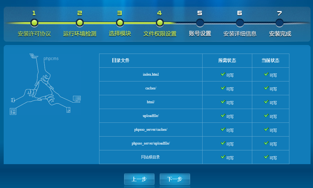 phpcmsV9正在安装-文件权限检测通过